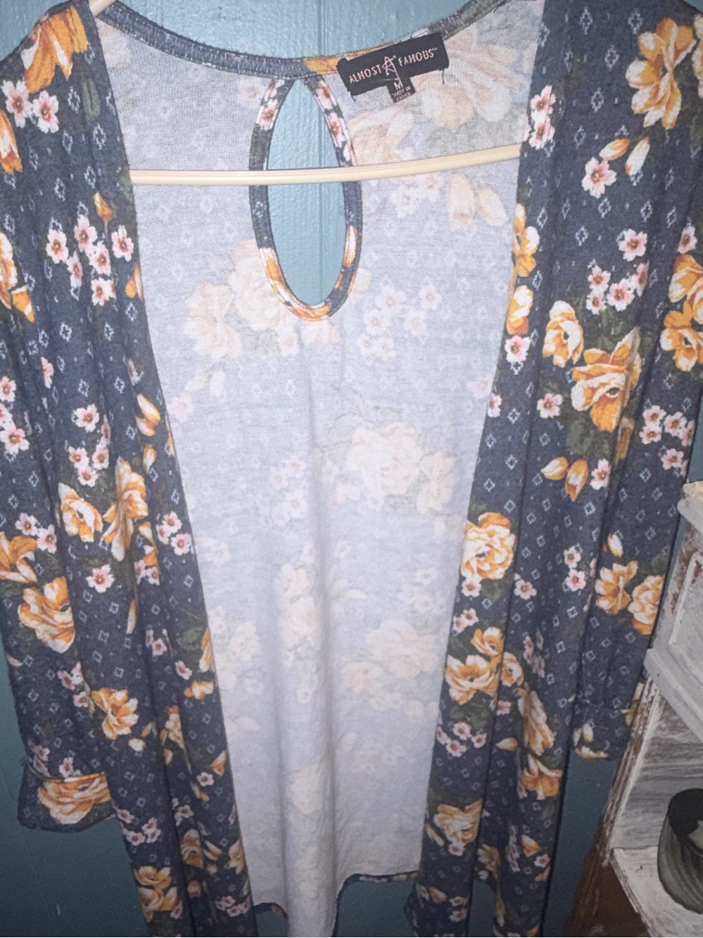 Almost Famous Navy Floral Keyhole Tunic with Mustard and Cream Blooms